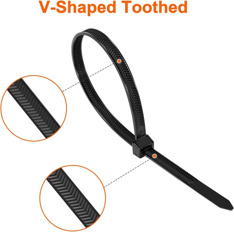 Rythcraft Zip Ties Heavy Duty 12 inch，V-Shaped Toothed Double Sided With 200 LBS Tensile Strength Cable Ties ，Extra Large Wire Ties Adjustable Nylon Tie Wraps for Indoor Outdoor Patented Design（400 Pack Black） - Image 2
